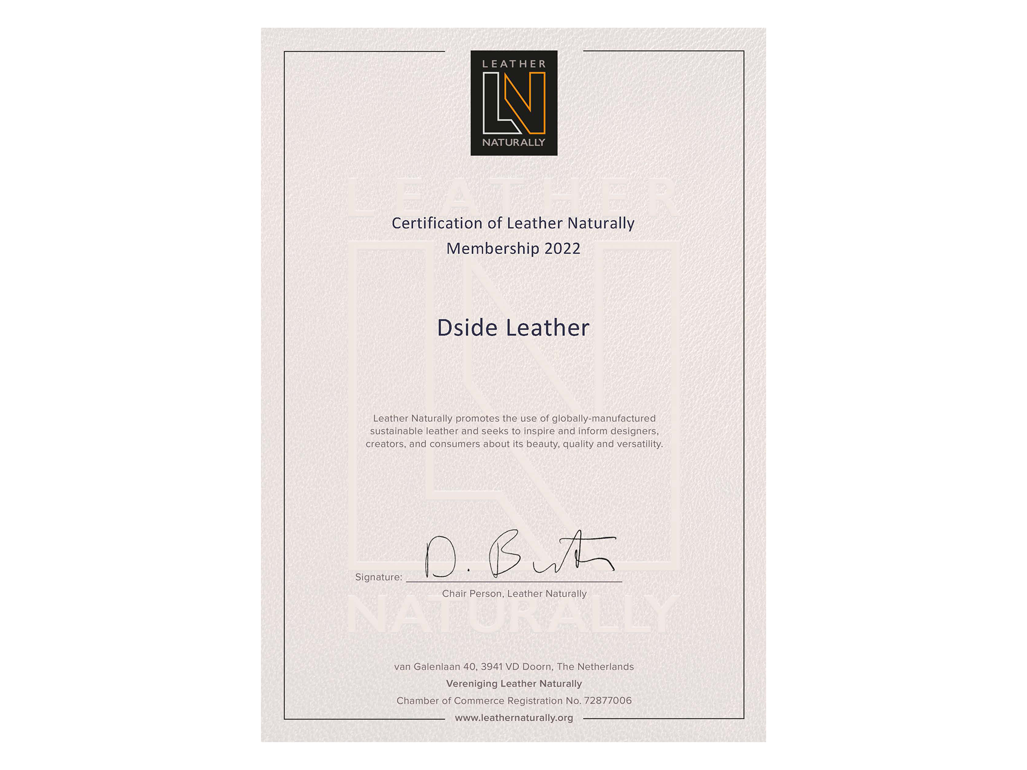 Certification of Leather Naturally Membership 2022 